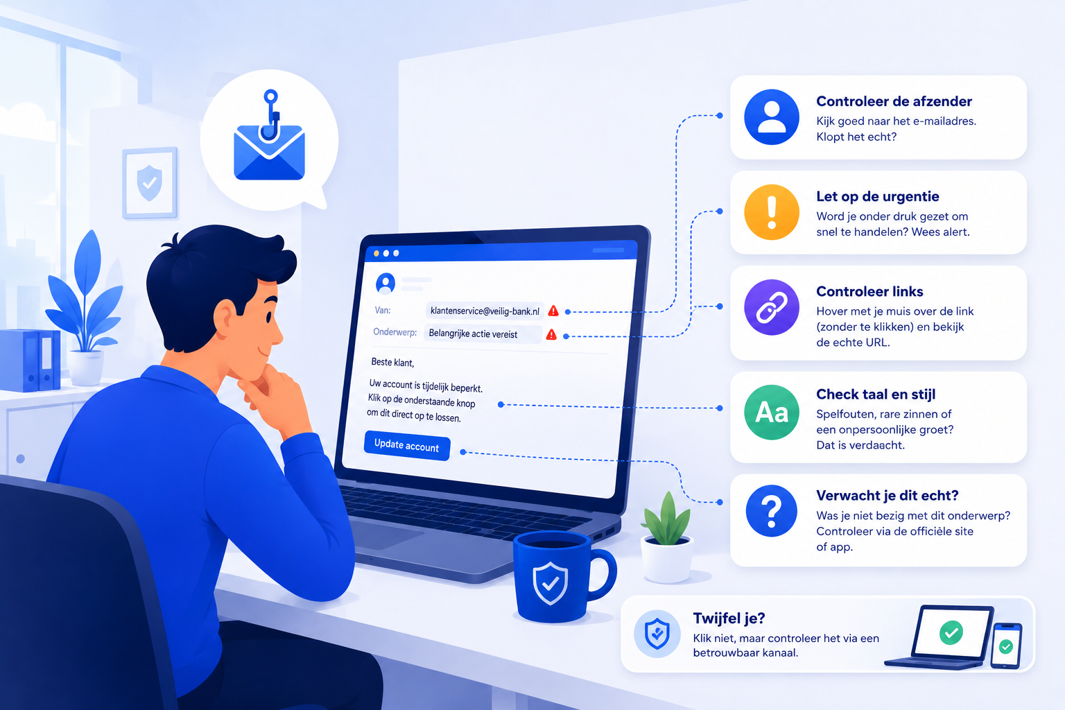 Medewerker controleert zorgvuldig een verdachte e-mail