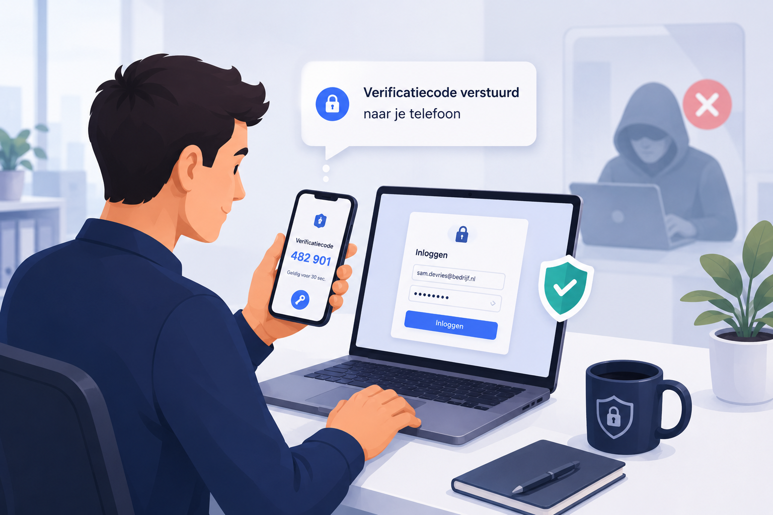 Telefoon met authenticator-app naast een laptop