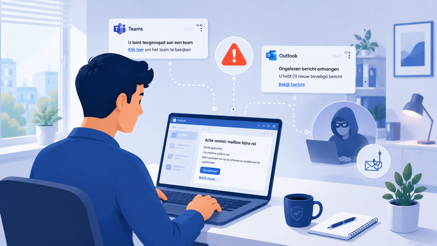 Neppe Teams- en Outlook-melding op een laptopscherm