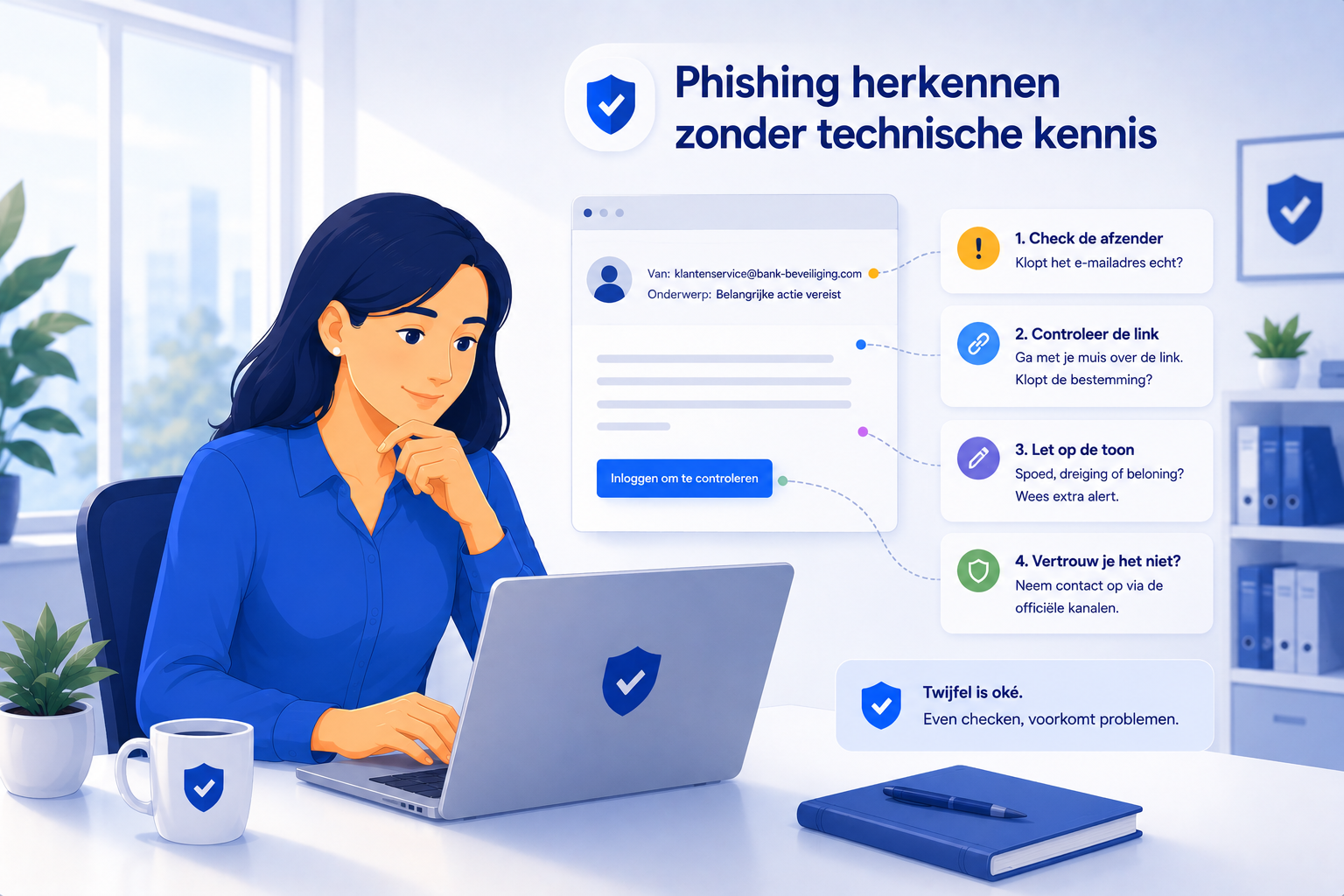 Medewerker controleert zorgvuldig een verdachte e-mail